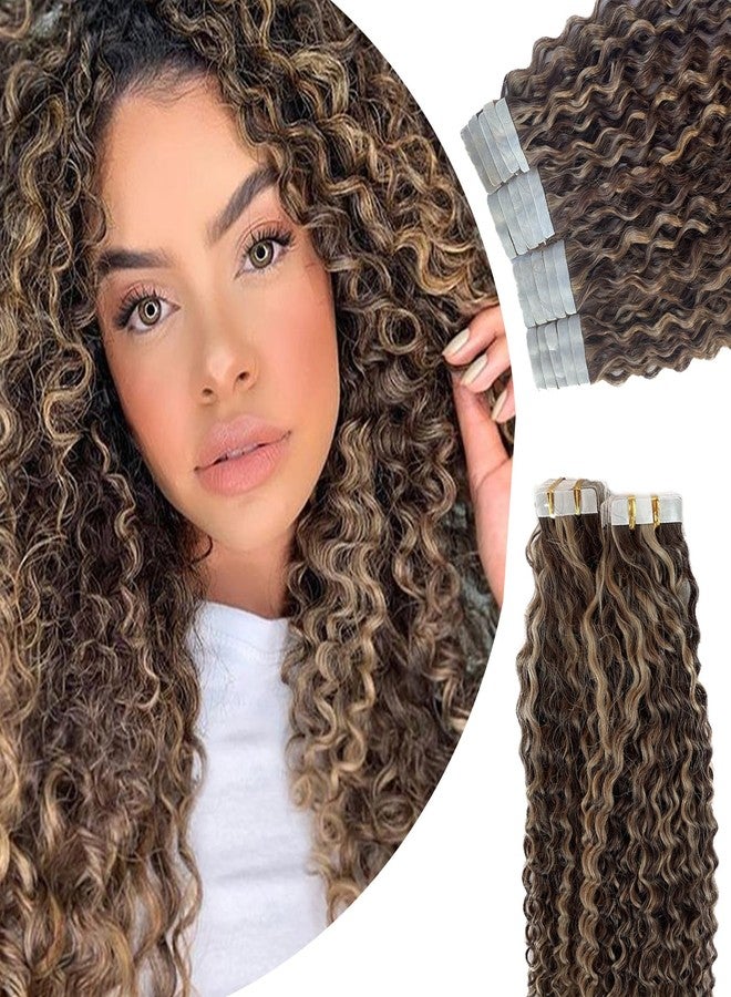 Valiilo Tape in Hair Extensions 20 Pieces 50g 22 Inch Jerry Curly Human Hair Brown to Caramel Blonde Highlights Double Sided Tape ins - Image 1